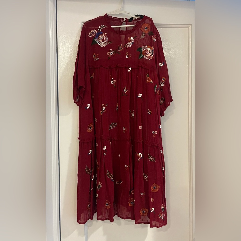 Zara Floral Embroidered Red Dress